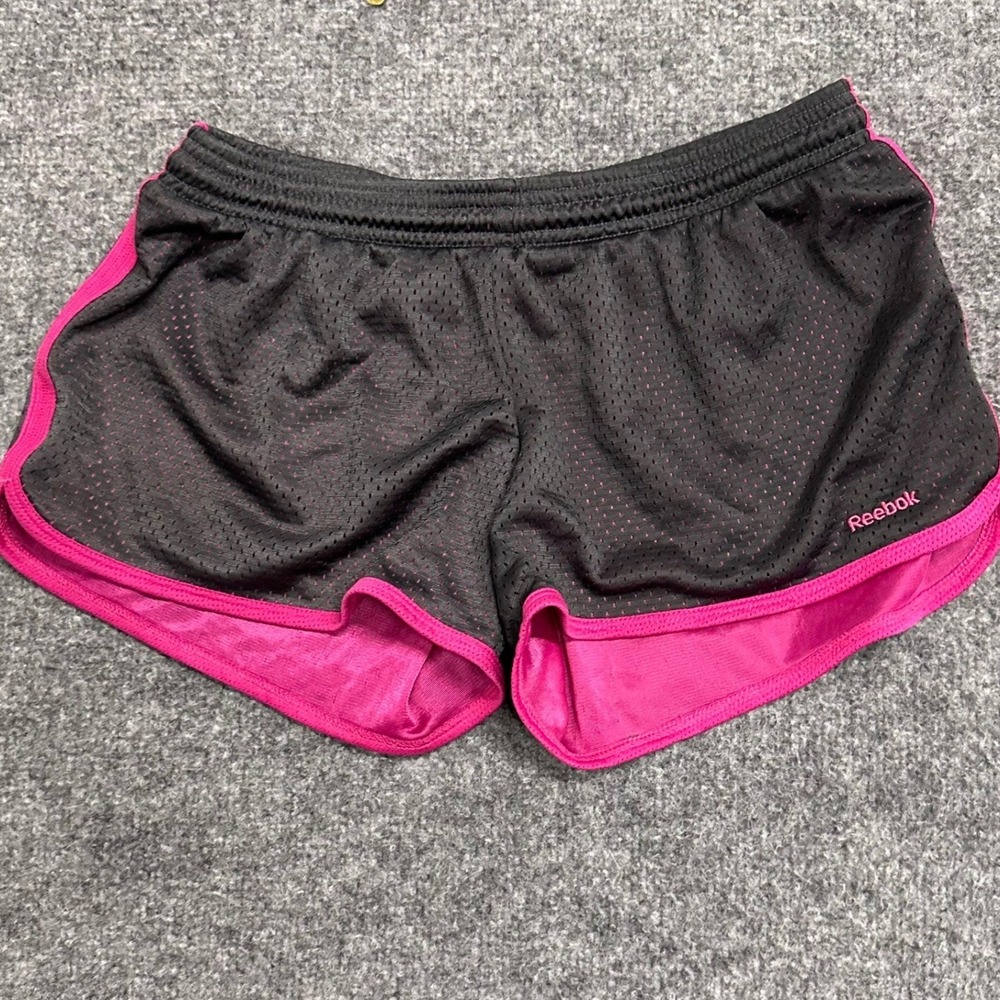 Reebok Shorts Womens Size S Black Pink Mesh Athletic Running Gym Dolphin Hem